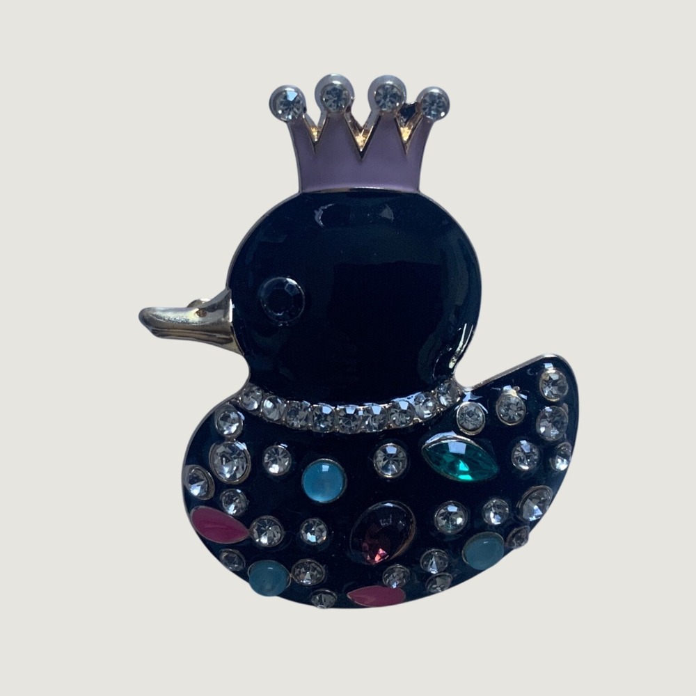 Black Enamel Duck Brooch Gold Tone Crown Rhinestone Jewel Pin Accessory